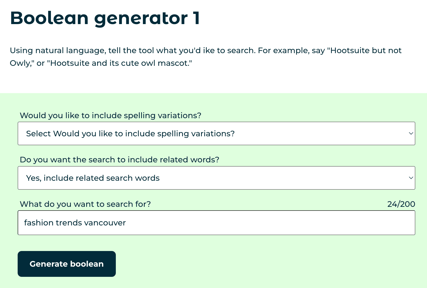 Captura de tela da ferramenta geradora de boolianos da Hootsuite