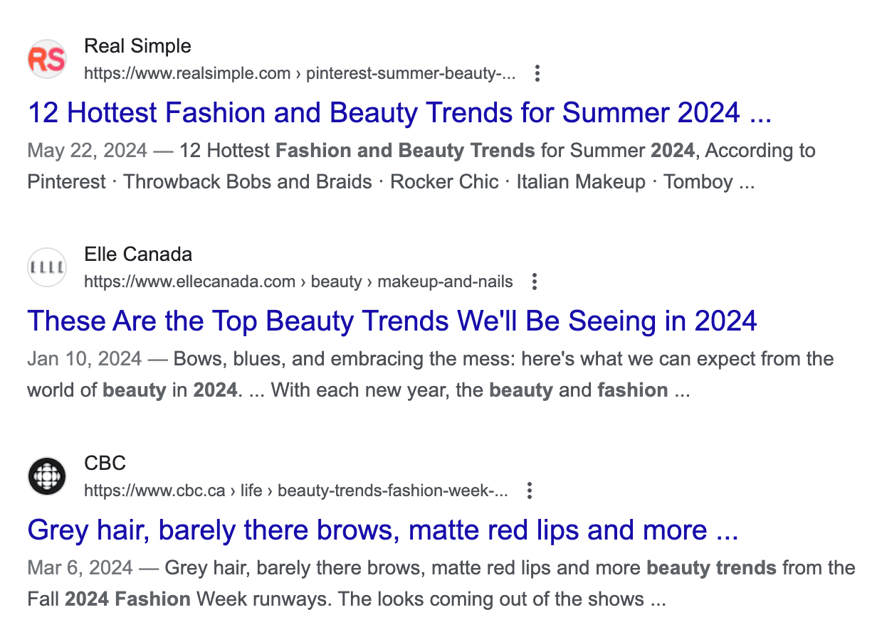 captura de tela dos resultados de pesquisa do Google para "tendências de moda"