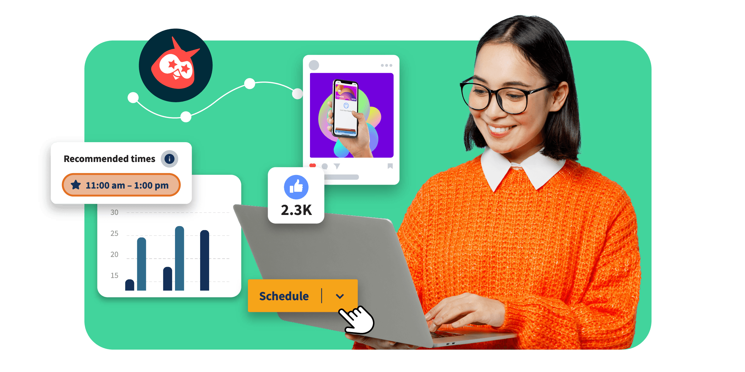 Woman working on Hootsuite dashboard on laptop