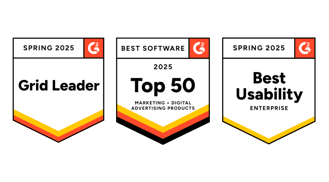 Three award badges from G2. Spring 2025 "Grid Leader" and "Best Usability, Enterprise" and "Top 50 Marketing + digital advertising products"