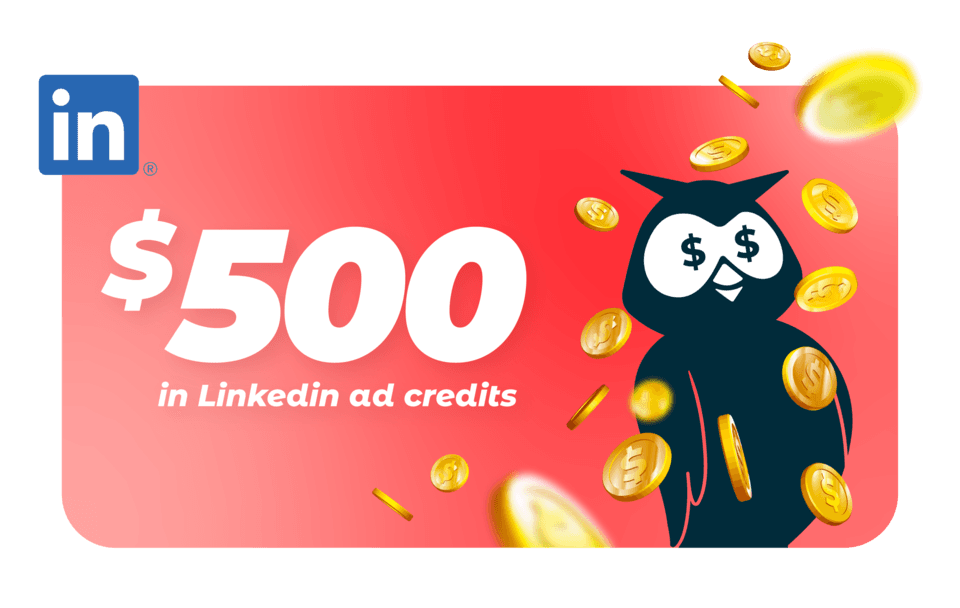"$500 in LinkedIn ad credits" coupon image with Owly and LinkedIn logo