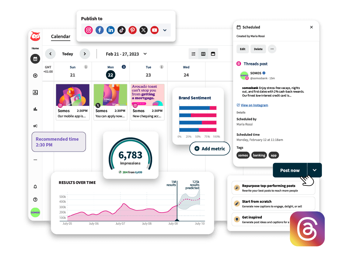 Social media calendar interface showing scheduled posts, analytics graphs, and engagement metrics for a banking app's marketing campaign